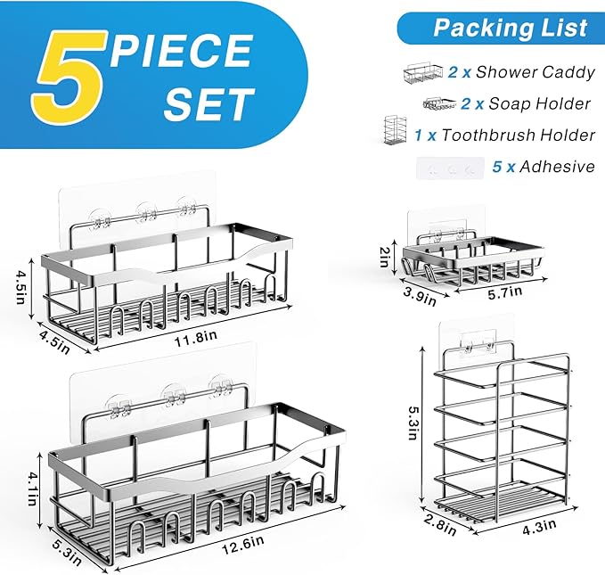 EUDELE 5-Pack Rustproof Stainless Steel Shower Caddy ??No Drill Adhesive Bathroom Organizer with Large Capacity, Spacious Shower Shelves for Inside Shower, Kitchen & Home Decor Storage-XL Size