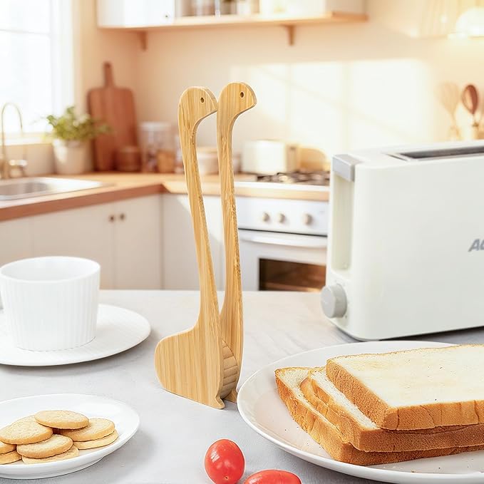 Bamboo Nessie Toast Tongs ??10??Toaster Tongs for Bread & Bagels, Heat-Resistant Bamboo Kitchen Tongs with Anti-Slip Grip, Cute Loch Ness Monster Design for Cooking & Serving