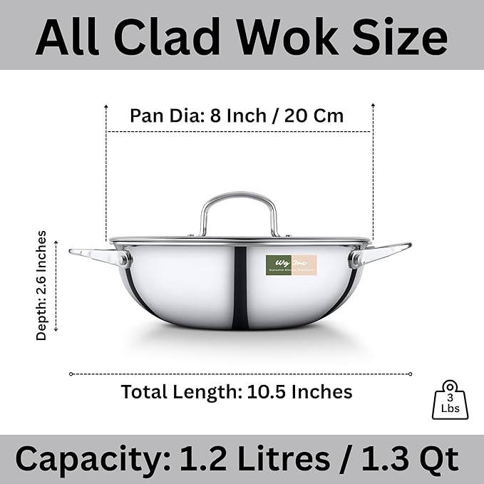 Stainless Steel Wok with Lid, All Clad Tri-ply Kadhai, 1.3 Qt / 1200 ML, 8 Inch Pan for Stir-Frying, Stews, Sauces, Deep Saute, Triply wok cookware, Trasparent Cover, Induction Compatible