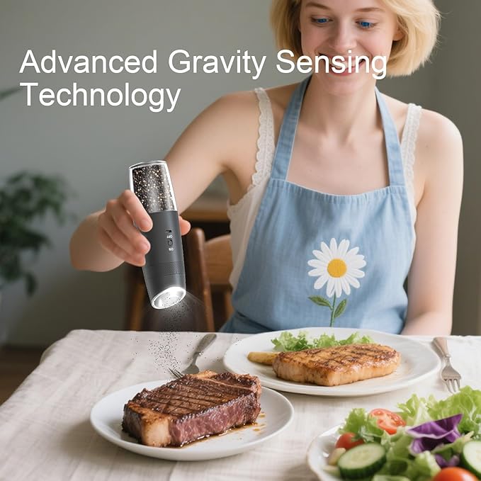 Electric Salt and Pepper Grinder Set ??Rechargeable Gravity Automatic Pepper Mill Gift Set with LED Light & 6 Adjustable Coarseness