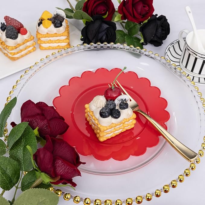 SUT 72Pcs Red Plastic Plates-7.5inch Dessert Plates, Red Disposable Plates, Disposable Plate,Fancy plastic plate, Heavy Duty Plastic Plates for Wedding & Parties