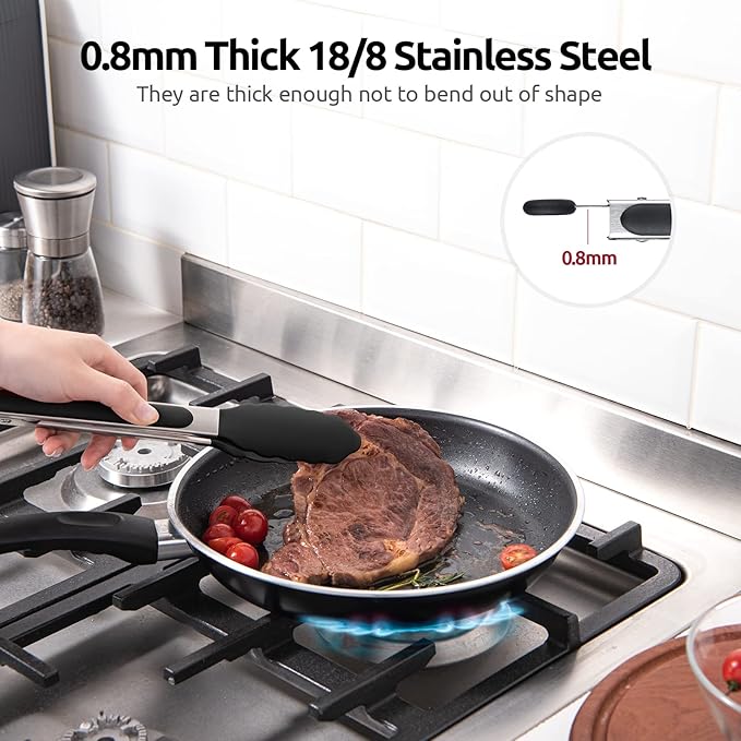 600쨘F Heat Resistant Kitchen Tongs: U-Taste 9 inch Silicone Cooking Tong with Firm Sealed Non Stick Rubber Tips & Silicon Coated 18/8 Stainless Steel Handle & Smooth Locking for Serving Salad (Black)