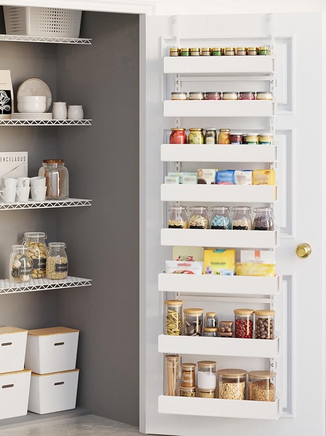 8-Tier Over the Door Pantry Organizer, Pantry Organization and Storage, Hanging Door Spice Rack Metal Shelving, Home & Kitchen Bedroom Bathroom, White