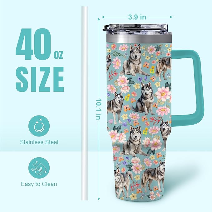 Yogusut Siberian Husky Gifts for Women, 40oz Stainless Steel Insulated Tumbler Travel Mug Cup with Handle Straw, Gifts for Dog Mom Dog Lover