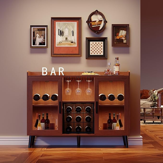 Wine Bar Cabinet with LED Lights, 47 Inch Freestanding Sideboard Buffet with Wine Rack & Glass Holder, Multi-Functional Storage Cabinet for Dining Room Living Room Kitchen, Walnut Color