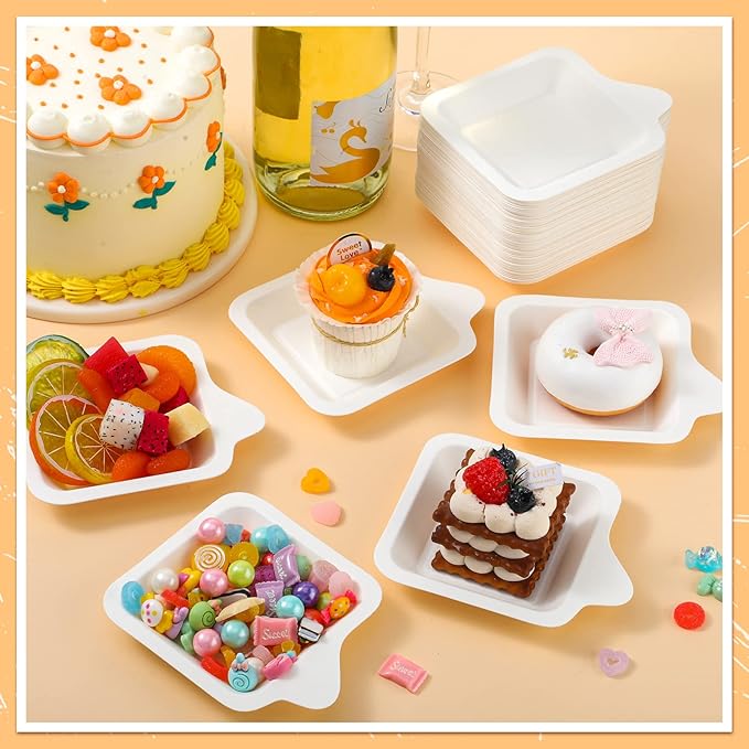 Remerry 600 Pcs Small 4 Inch Paper Plates Bulk Disposable Plates Paper White Square Dessert Cake Party Snack Sugarcane Bagasse Fiber Wedding Birthday Dinner Graduation Pet Feeding (4.45 x 5.24 Inch)