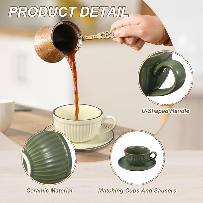 uxcell Handmade Vintage Espresso Cups, 9.5oz Stripe Coffee Cups and Saucers Ceramic Tea Cup with Handle Dishwasher and Microwave Safe for Latte Cappuccino Milk Office Home, Dark Green
