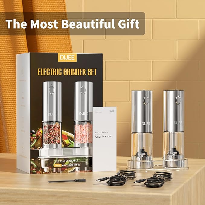 Rechargeable Salt and Pepper Grinder Mill, Electric Salt and Pepper Grinder set with Adjustable Grinding Speed, Automatic, Refillable, Stainless Steel Pepper Mill for Kitchen, Dining, Gifts (2 Pack)