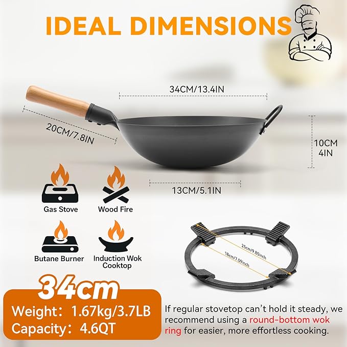 WANGYUANJI 13.4" Round-Bottom Iron Wok, Deep Chinese Stir-Fry Pan (Seasoning Required), Wok Ring Required, Not Flat-Top/Induction ??No Lid, No Ring,Wooden Handle, Coating-Free