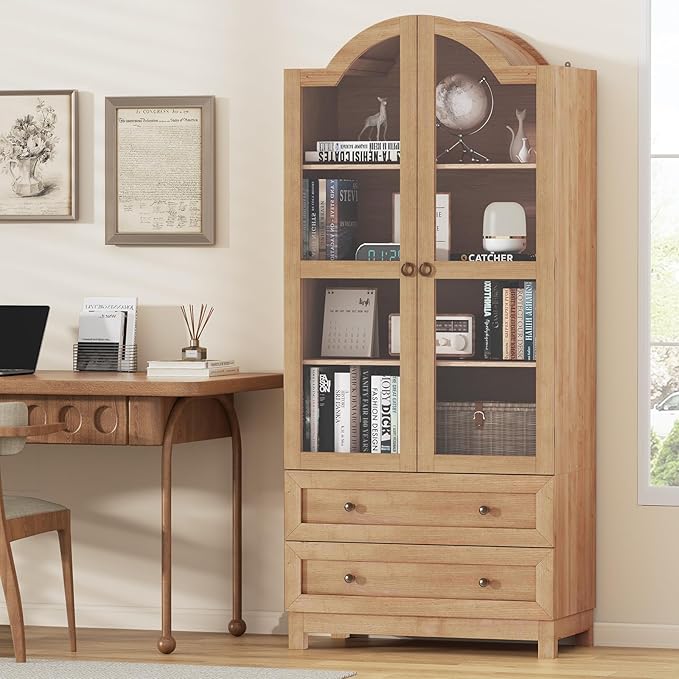 EasyCom 71 Tall Arched Pantry Cabinet, Farmhouse Wood Kitchen Cabinet with 2 Large Drawers, 4-Tier Storage Cabinet with Adjustable Shelf & Magnetic Clasp Doors for Living Room, Dining Room, Natrual