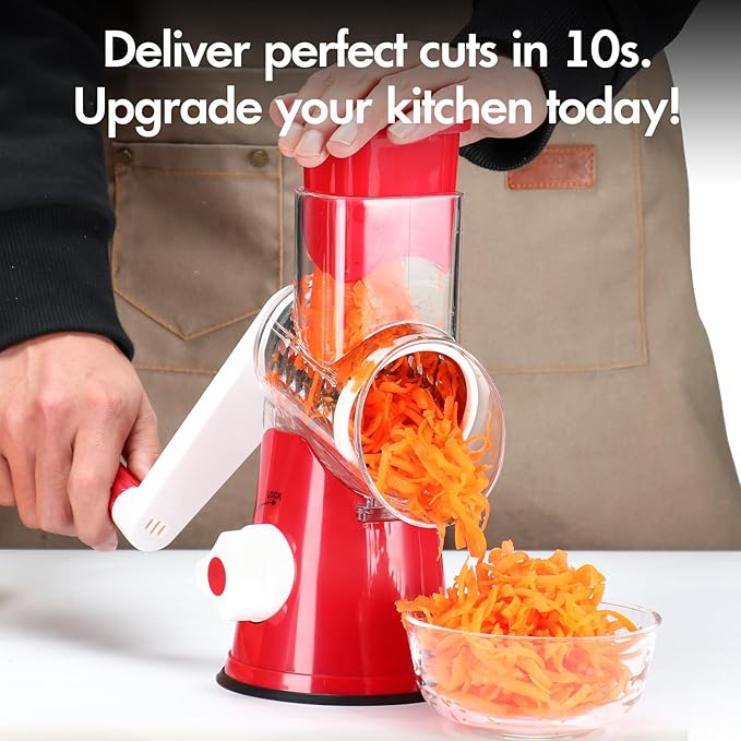 Ancevsk Rotary Cheese Grater Shredder, Speed Kitchen Manual Round Mandolin Slicer Safe Grinder with 3 Interchangeable Blades for Nuts, Carrot, Hashbrown, Garlic, Walnut, Potato, Chocolate (Red)