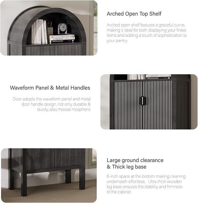 71" Tall Arched Fluted Storage Cabinet - Modern Pantry Cabinet with 4-Tier Shelves, Open Display & Sealed Storage, Accent Sideboard for Living Room Kitchen Dining Room (Dark Gray)