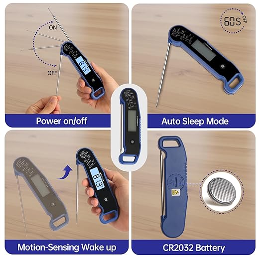 Lonicera Digital Meat Thermometer for Food Cooking. Instant Read Within 1 Sec and 짹0.9?덦ccuracy with Thermocouple Sensor. IP67 Waterproof, Auto-Rotating Display, Auto Wake up (Blueberry)