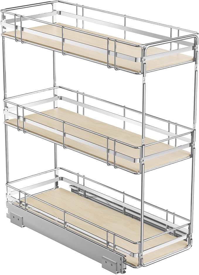 ROOMTEC 3-Tier Pull Out Cabinet Organizer Spice Rack for Narrow Cabinet 9" W x 20쩍" D, Slide Out Wood Shelves Storage for Kitchen