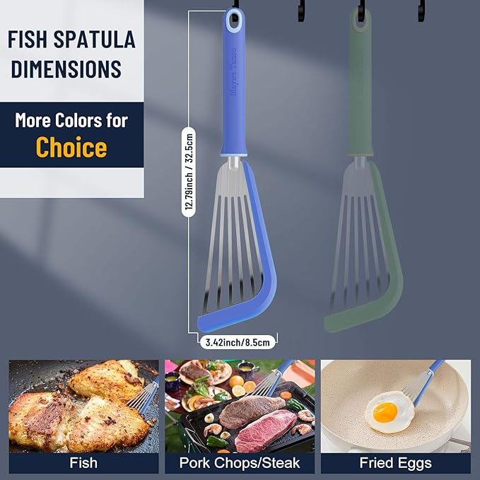 Fish Spatula,600??Heat Resistant Silicone Fish Spatula with Basting Brush,for Nonstick Cookware,Flexible Slotted Fishs Turner Spatulas,BPA Free,Dishwasher Safe(Blue)