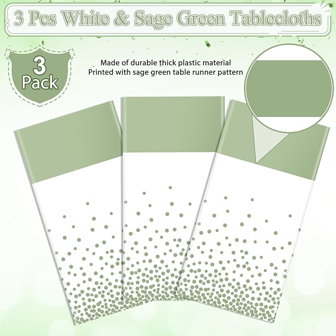 3Pcs White and Sage Green Tablecloth Decorations,Plastic White Table Cloth Printed Green Table Runner Disposable Rectangle Tables Cover for Birthday Wedding Anniversary Graduation Party,54 x108 Inch