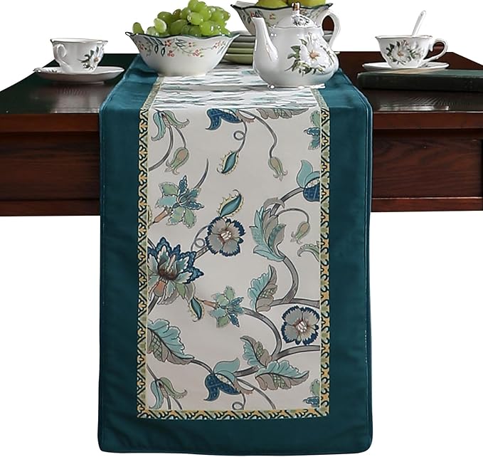 patdrea Designer Elegant French Floral Velvet Table Runner, Teal with Blossoms Pattern Table Mat, Decoration for Kitchen Dining Coffee Table Shelf Cabinet Banquet Thanksgiving,12"*87"