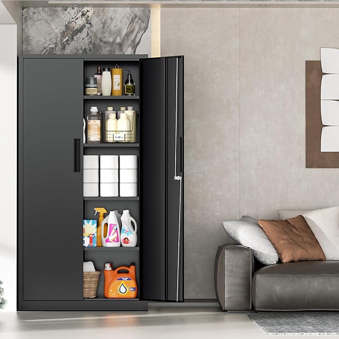 INTERGRAET 63" Tall Pantry Cabinet,Kitchen Pantry Storage Cabinets with 2 Doors and 4 Shelves,Black Metal Storage Cabinet,Cupboard for Home,Kitchen,Living Room/Dining