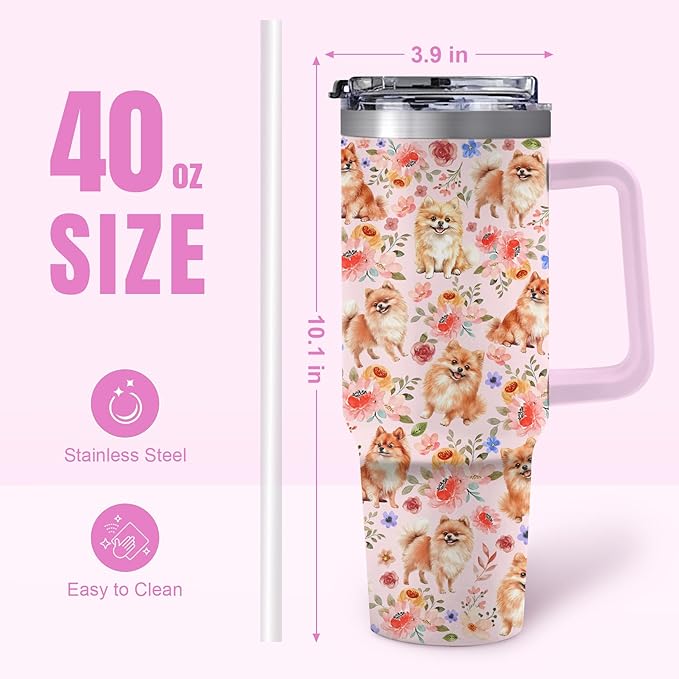 Yogusut Pomeranian Gifts for Women, 40oz Stainless Steel Insulated Tumbler Travel Mug Cup with Handle Straw, Gifts for Dog Mom Dog Lover