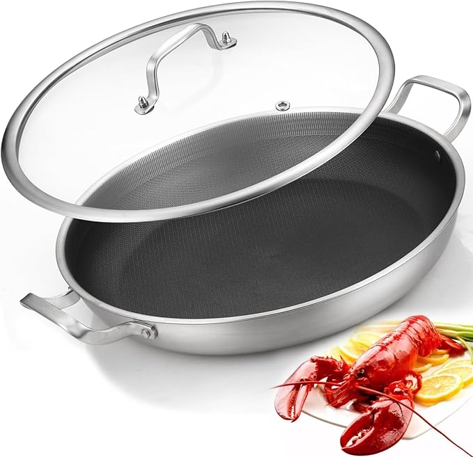 Tri-Ply Stainless Steel Paella Pan Large Saute Pan with Lid (Stainless Steel, Hybrid 13.5 INCH)