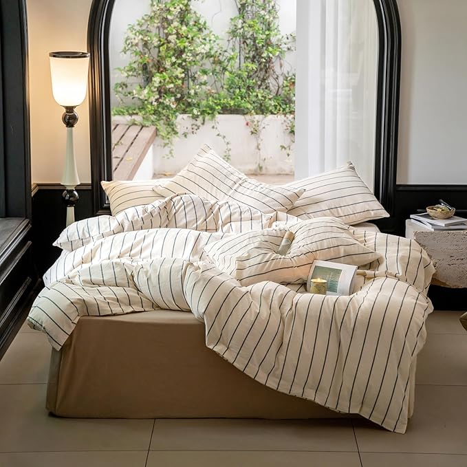 LifeTB Striped Comforter Set King Size Grey Stripes Pattern Printed Comforter 3 Pieces Lightweight Boho Bedding Comforter Set for All Seasons Breathable Soft Fluffy Beige Comforter with 2 Pillowcases