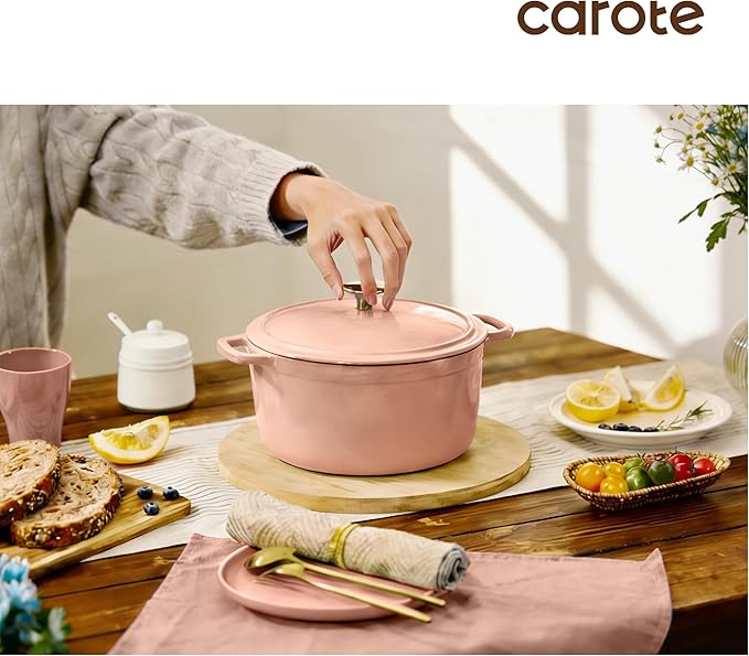 CAROTE 5QT Enameled Cast Iron Dutch Oven Pot with Lid, Heavy-Duty Dutch Ovens for Sourdough Bread Baking, Braising, Roasting, Dual Handles, Healthy & Non-Toxic, All Stovetop Compatible, Oven Safe up to 500째 F, Macaron Pink