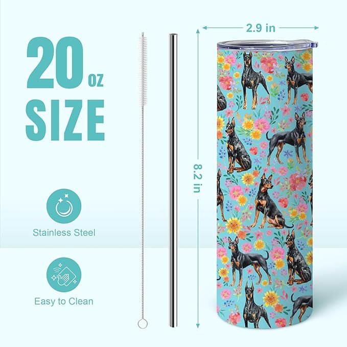 Yogusut Doberman Gifts for Women, 20oz Stainless Steel Insulated Tumbler Travel Mug Cup with Lid Straw Brush, Gifts for Dog Mom Dog Lover