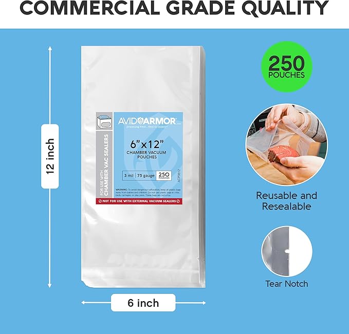 Avid Armor Chamber Vacuum Sealer Bags ??Heavy Duty, BPA-Free, Pre-Cut Chamber Vacuum Bags for Food Preservation, Freezer Storage, Sous Vide and more, 1000/Pack (6x12) ??Multi-Use Vacuum Bags