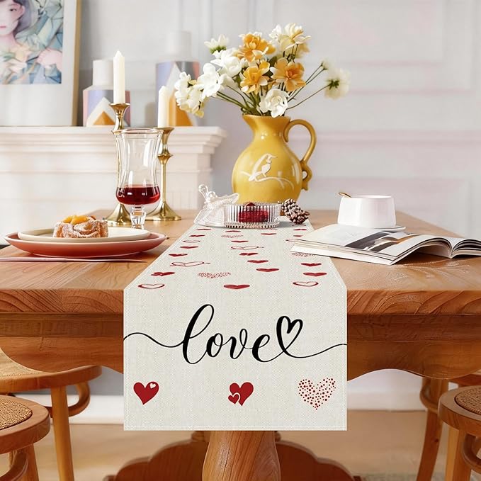 Valentines Day Table Runner 13x60 Inch, Love Hearts Valentine Table Runner, Anniversary Home Kitchen Dining Table Holiday Party Decorations (White)