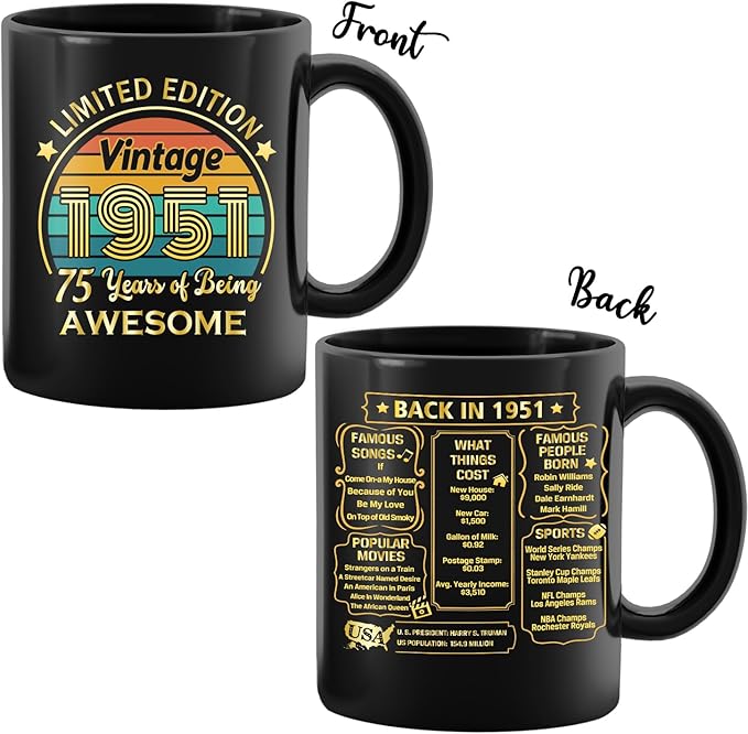 QUPT 75th Birthday Gifts for Women Men, 75th Birthday Gifts for Him, 1951 Birthday Gifts for Women Men, 75 Years Old Gifts, 1951 Birthday Gifts for Her Him, 75th Birthday Presents Coffee Mug