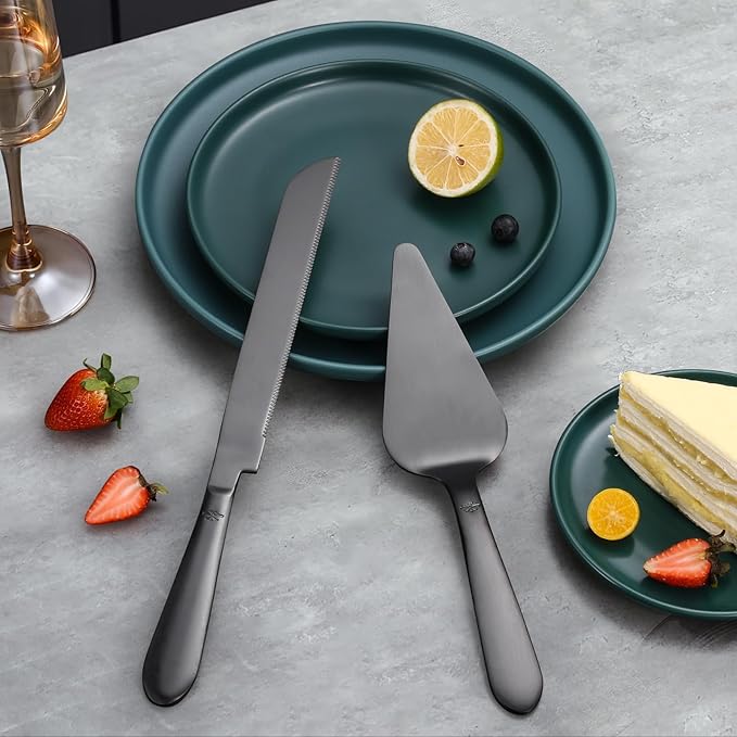 Wedding Cake Knife and Server Set, Integral Stainless Steel Longer Cake Cutter and Wider Pie Spatula, Elegant Cake Cutting Serving Set for Party Birthday Bridal Shower Set of 2, Matte Black