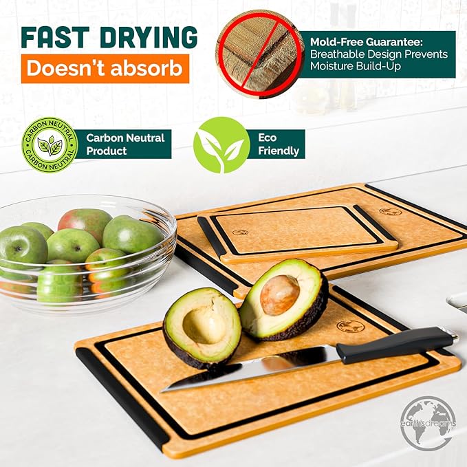 Earth?셲 Dreams Wood Cutting Board Set 3-Piece: Small, Large & Extra Large - Charcuterie Board, Non-Plastic, Non-Toxic, Heavy-Duty, Dishwasher Safe (Tan/Black)