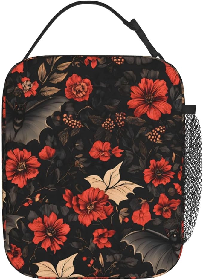 VANZEV Insulated Lunch Box for Women Men, Gothic Floral Bat Theme Lunch Box Reusable Portable Lunch Bag Cooler Tote Waterproof Lunch Container for Office Picnic Work Travel