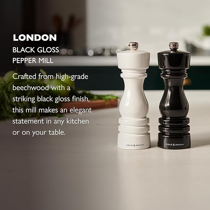 Cole & Mason London Refillable Spice Mill - Kitchen & Home Accessory - Table Black Pepper Grinder - Pepper Mill with Carbon Steel Mechanism - 7", Black Gloss