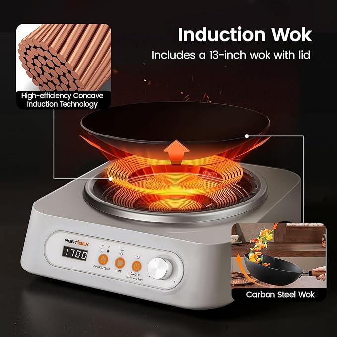 Induction Wok Burner, NESTIQEX Portable Induction Cooktop with Carbon Steel Wok, Glass Vented Lid, Rack, 194??446?? 24 Hrs Timer, Auto-off 1700W/120V Electric Burners for Restaurant, Kitchen