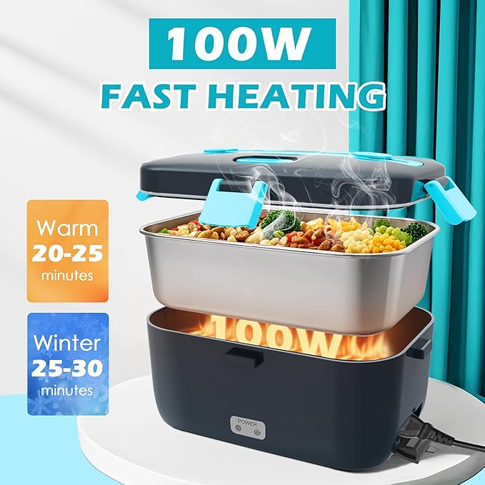 COZYEXPERT Electric-Lunch-Box-Heated-Food-Warmer 100W Heating Lunchbox for Adults 1.8L Portable Food Heater for Work/Car, 12V/24V/110-230V Lonchera El챕ctrica Port찼til with Fork Spoon (Gray+Blue)