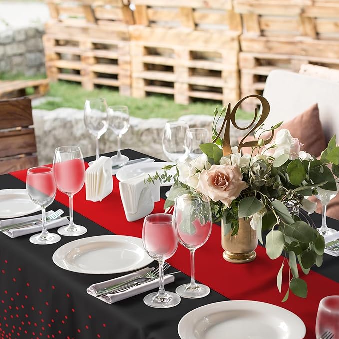 16Pack Disposable Plastic Party Tablecloths and Satin Table Runner Set Black and Red Dot Table Cloth Red Satin Table Runner for Wedding Birthday Baby Shower Anniversary Holiday Party Decorations