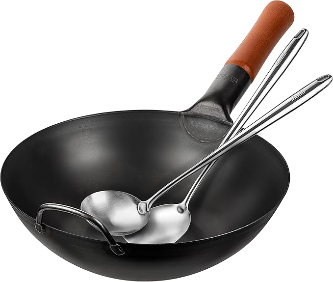YOSUKATA Carbon Steel Wok Pan ??11,8 ??Woks and Stir Fry Pans + 17?쇺?Wok Spatula and Ladle - Set of 2 Heat-Resistant Wok Tools