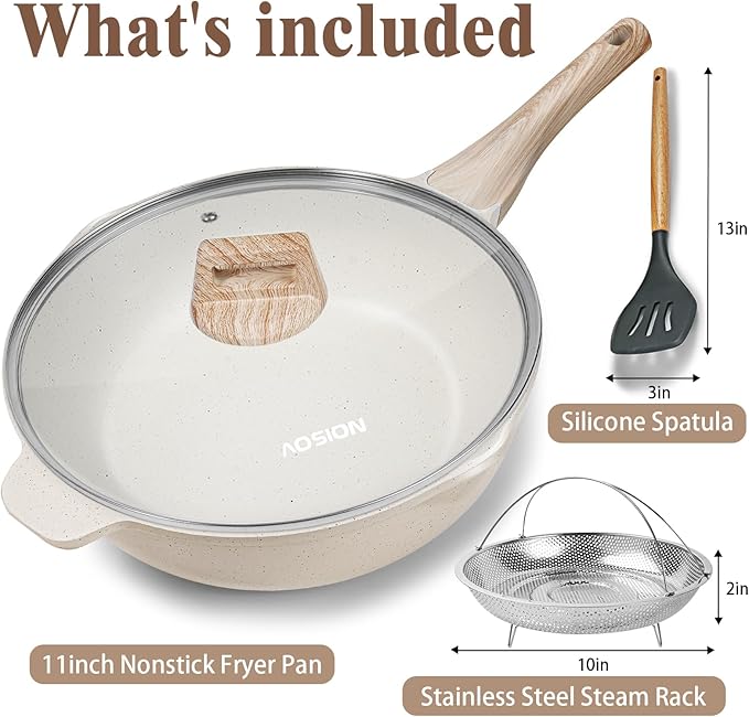 AOSION 11 Inch Nonstick Ceramic Deep Frying Pan Skille with Lid,5QT Saut챕 Pan for Cooking with Steam Rack,Healthy Large Skillet,Stay Cool Handle, Induction Compatible, PFOA & PFAS Free.(WHITE)