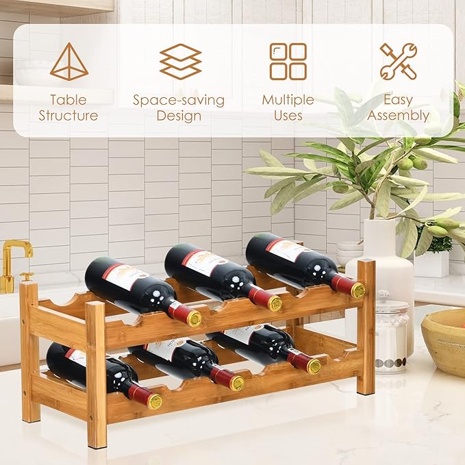 COSTWAY Wine Rack, Bamboo 12 Bottles 2-Tier Wine Display Rack for Countertop Home Kitchen Pantry, Freestanding Wine Storage, Rack Tabletop Wine Rack, Bar, Pantry, Cellar, Nature (24.5L x 9.5W x 10H)