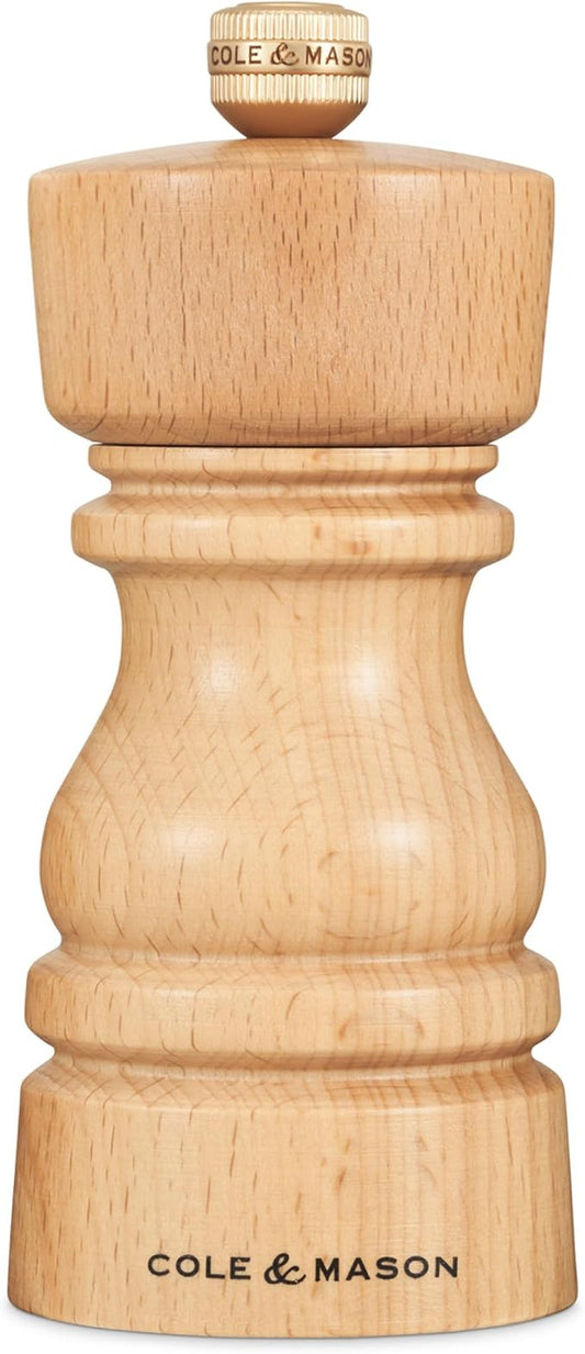 Cole & Mason London Refillable Spice Mill - Kitchen & Home Accessory - Table Black Pepper Grinder - Pepper Mill with Carbon Steel Mechanism - 5", Natural Beech