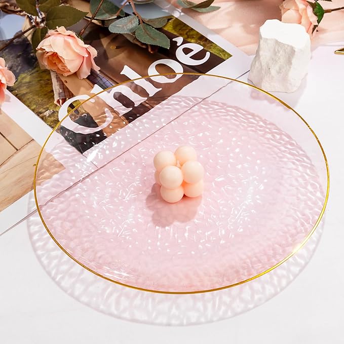 DaYammi 60PCS Pink Gold Plastic Plates - 10 inch Pink Plastic Dinner Plates - Hammer Pattern Design - Fancy Clear and Gold Disposable Plates Ideal for Mother's Day