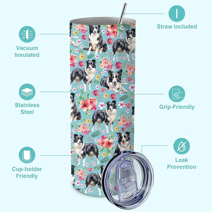 Yogusut Border Collie Gifts for Women, 20oz Stainless Steel Insulated Tumbler Travel Mug Cup with Lid Straw Brush, Gifts for Dog Mom Dog Lover