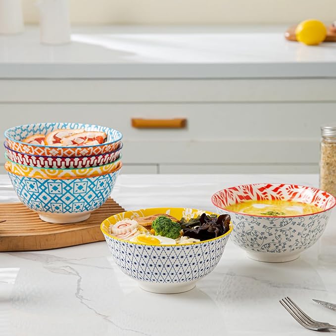 Cerkik Ceramic Soup Bowls Set - 24 Oz Deep Cereal Bowl - 6 Inch Large Kitchen Dinner Bowl Eating Pasta Salad Dessert Noodle Rice Oatmeal - Microwave Dishwasher Safe - Set of 6 - Assorted Colors