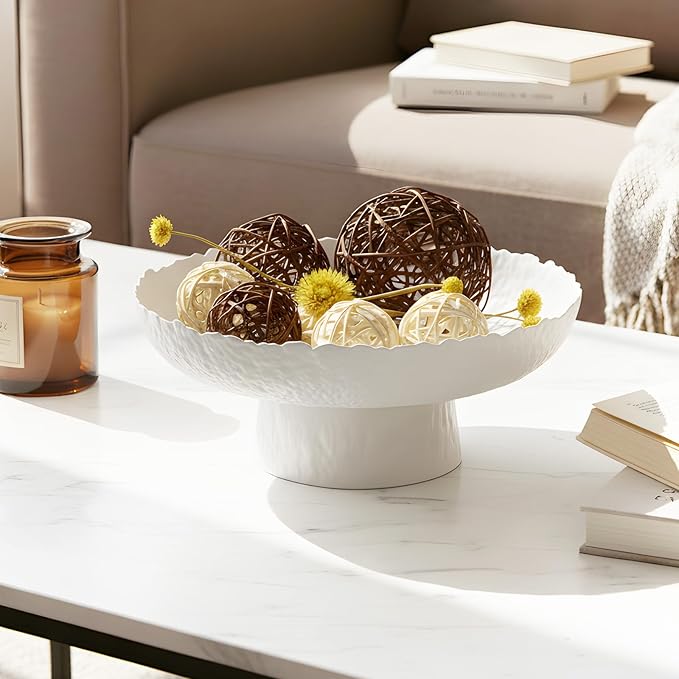 Large Glass Fruit Bowl for Kitchen Counter Decorative Centerpiece Bowl for Table Home D챕co, White Hammered
