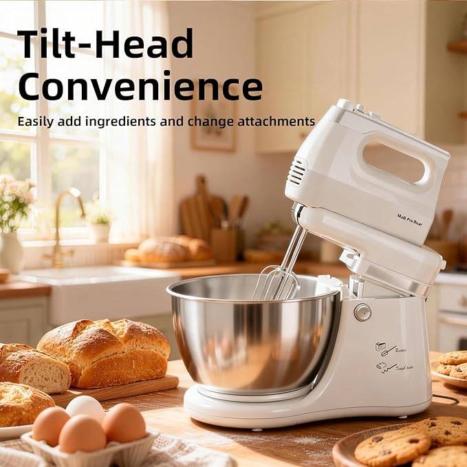 Stand Mixer Hand Mixer Electric Kitchen - 4.8 QT Smart Auto-Rotating Bowl & Beater Standing Mixer, 5-Speed Tilt-Head Household Mixer with Beaters & Dough Hooks for Baking,White