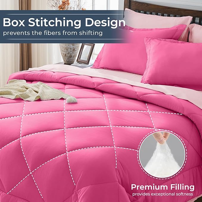 HEVUMYI Hot Pink & Baby Pink Twin-XL Comforter Set - 5-Piece All Season Bed in a Bag Twin-XL, Ultra Soft Bedding Set with Comforter, Flat Sheet, Fitted Sheet, Pillowcases, Pillow Shams