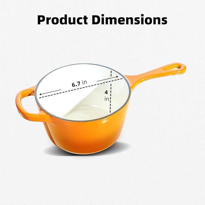 1.75QT Enameled Cast Iron Sauce Pan, Enameled Saucepan with Lid, Small Dutch Oven Cooking Kitchen Pot, Nonstick & Heavy Duty for Cooking Pasta Sauce, Gravy, Puddings, Marinate, Boiling - Orange