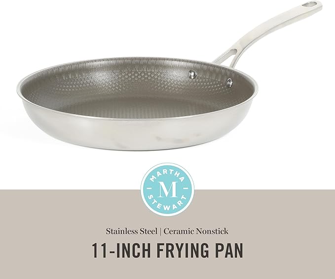 Martha Stewart Badgley Hybrid Nonstick 11 Inch TriPly Stainless Steel Large Fry Pan & Stay Cool Handle - Laser Etched Non-Toxic Perfect Sear Nonstick Skillet - Dishwasher and Induction Safe