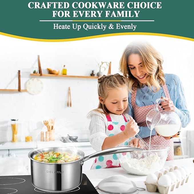 DELARLO Tri-Ply Stainless Steel 1 Quart Saucepan with Lid, Compatible With All Stove 600?? Small Pots for Cooking, Fast Even Heats, Stainless Pot 1QT, Durable Sauce Pot, Saucepan with Lid